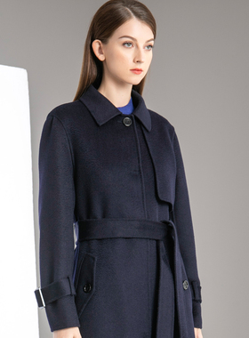 寒舟藏蓝色纯羊毛双面水波纹风衣款大衣2023冬新款毛呢外套