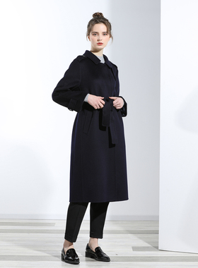 与生藏蓝色羊毛水波纹双面呢大衣风衣款毛呢大衣