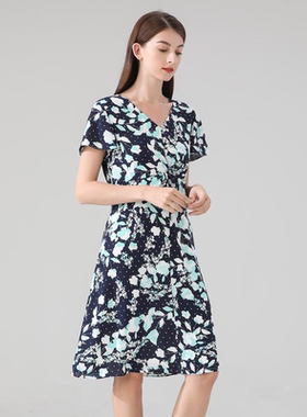 琼林 夏季蓝色印花收腰设计V领连衣裙