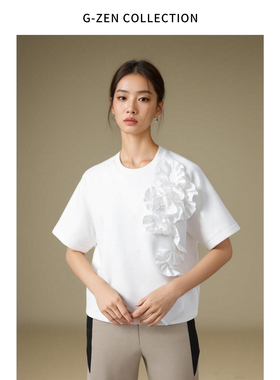 2024早秋新款白色手工立体花朵造型空气层套头卫衣