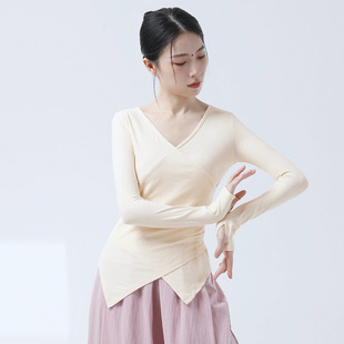 现代舞练功服V领开叉修身 套指女中国舞服形体艺考日常服 交叉长袖