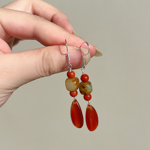 原创设计天然和田玉籽料南红玛瑙耳环国风复古水滴吊坠耳饰女礼物