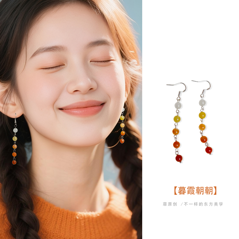 原创设计天然金丝玉渐变手工耳环