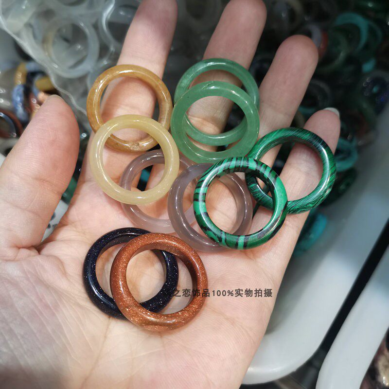 28㎜黄玉蓝松孔雀石多种石头圆环 绿东陵翡翠绿戒指圈吊坠diy饰品