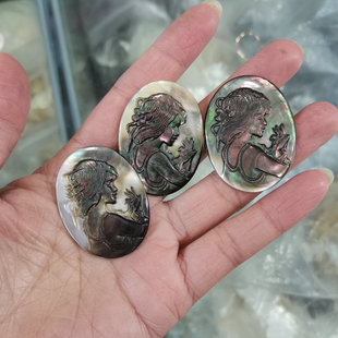 黑蝶贝椭圆形戒面雕件 30*40m幻彩黑贝单面雕美人图diy饰品贝壳