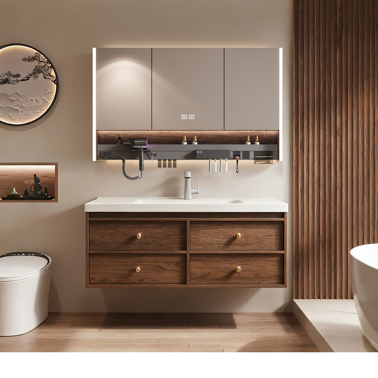 中古风胡桃木色蜂窝铝浴室柜16cm深度陶瓷一体盆组合卫生间洗漱台