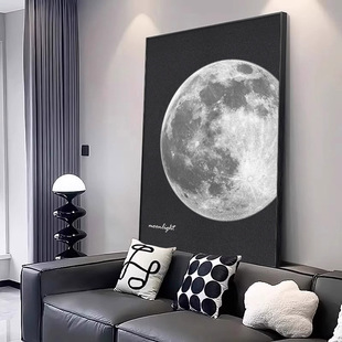 黑白简约客厅装饰画2025新月地板画纹理沙发背景墙入口挂画