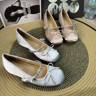 2025新款 绸缎面玛丽珍鞋 圆头宽脚胖内增高网红结配裙子单鞋