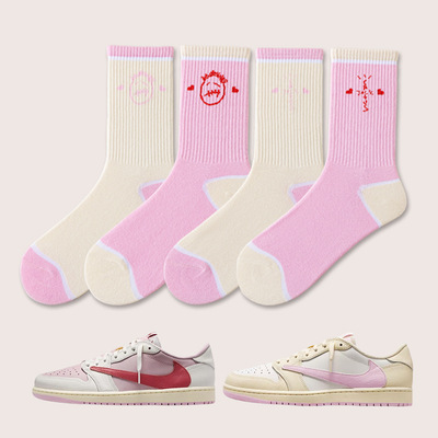 AJ1粉色倒钩男女运动中长筒袜