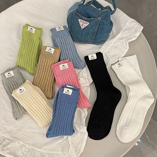 日系粗线双针中筒袜布标纯色堆堆袜潮流男女街头滑板运动袜子外穿