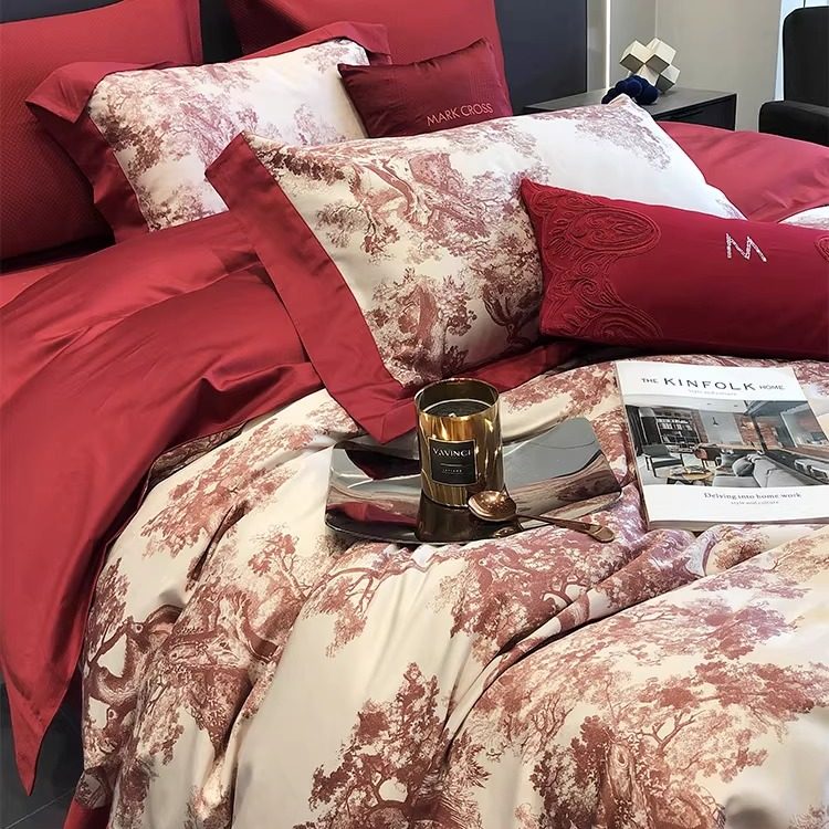 婚庆超柔长绒棉四件套时尚高端数码印花纯棉被套床上结婚用品红色