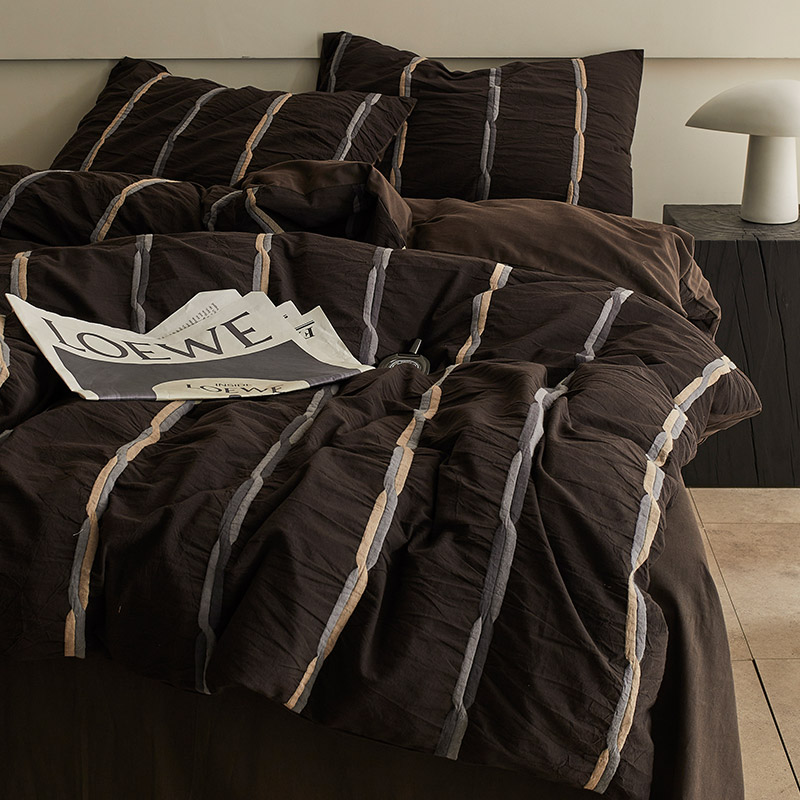 复古高级感全棉泡泡纱四件套小众款提花1.2m被套床笠床上用品咖色