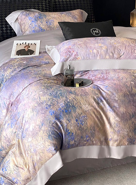 轻奢风四季长绒棉四件套全棉纯棉美式数码印花被套床上用品绿紫色