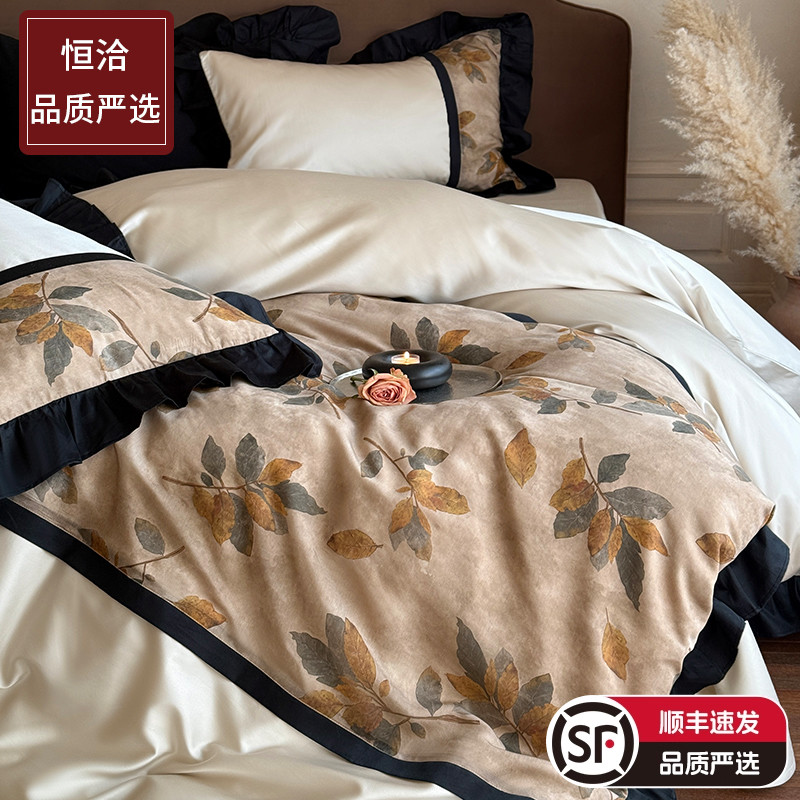 秋冬纯棉四件套中古风全棉磨毛加厚被套复古床上用品床笠陪嫁床单