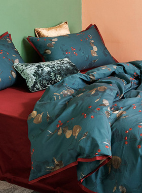 田园风长绒棉纯棉四件套复古植物花卉印花全棉被套床上用品蓝色