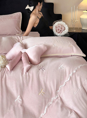 冬季少女心保暖牛奶绒四件套加厚蝴蝶结刺绣浪漫被套床品粉紫色