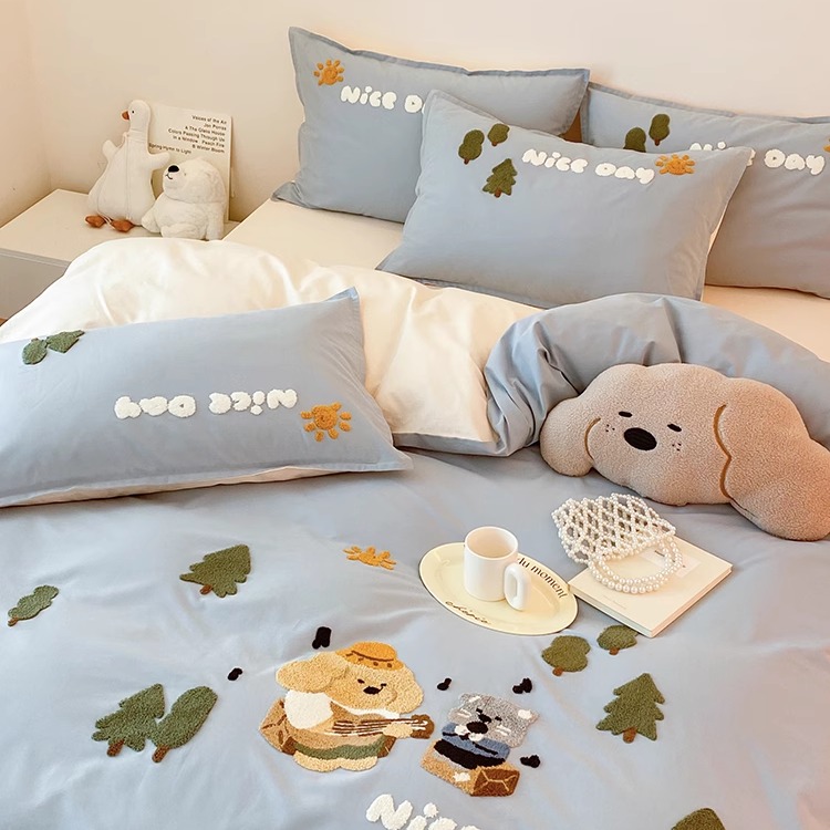 秋冬卡通全棉磨毛1.2m四件套可爱动物毛巾绣加厚被套床品蓝粉绿色