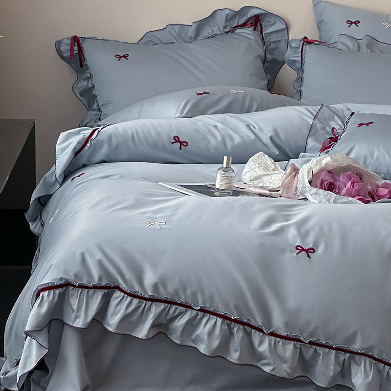 少女心法式长绒棉纯棉四件套清新蝴蝶结刺绣全棉被套床上用品蓝色