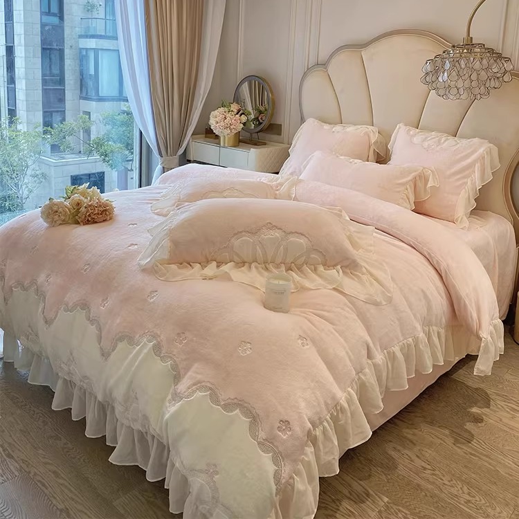 秋冬公主风保暖牛奶绒四件套花朵刺绣雪纺加厚被套床上用品粉色