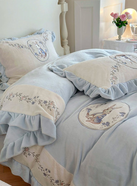 秋冬加厚保暖牛奶绒四件套卡通刺绣加绒被套1.2m床上用品蓝粉紫色