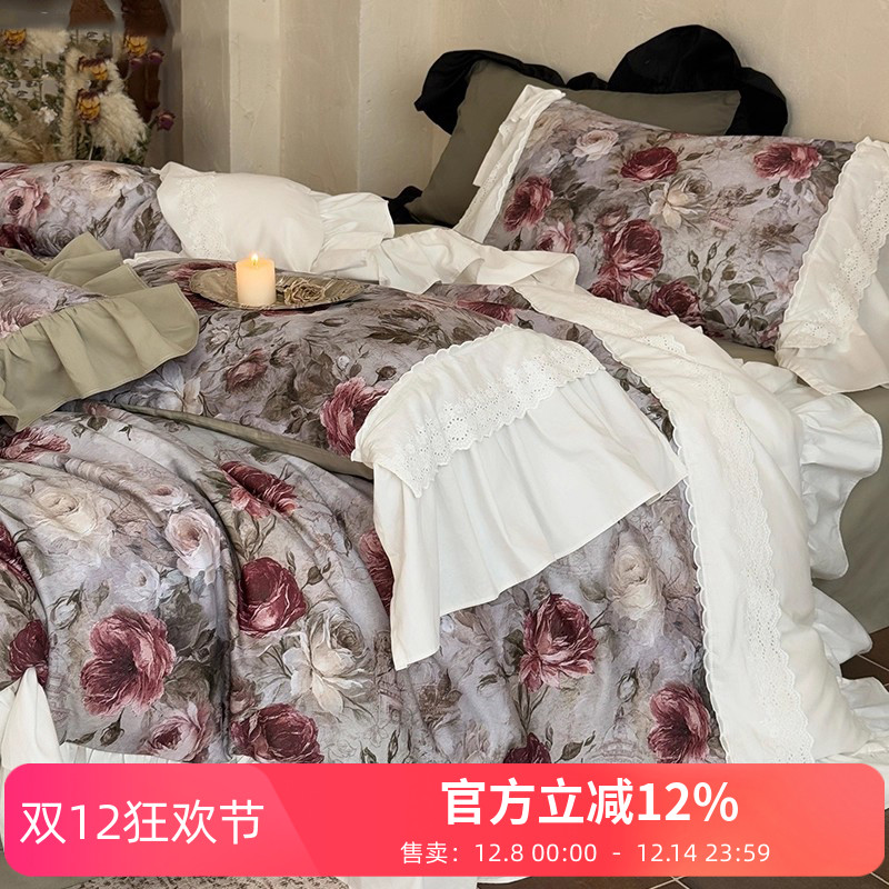 秋冬加厚磨毛四件套纯棉全棉2025新款中古风被套床单床上用品绿色