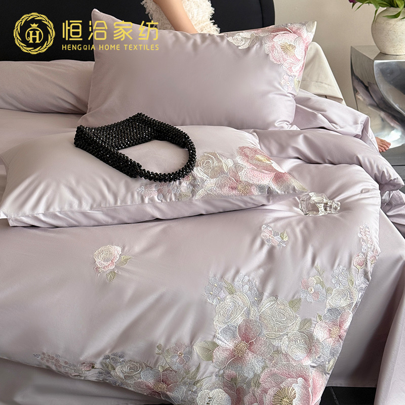 高端少女新疆长绒棉四件套全棉花卉刺绣高精密被套床品紫白色1.2
