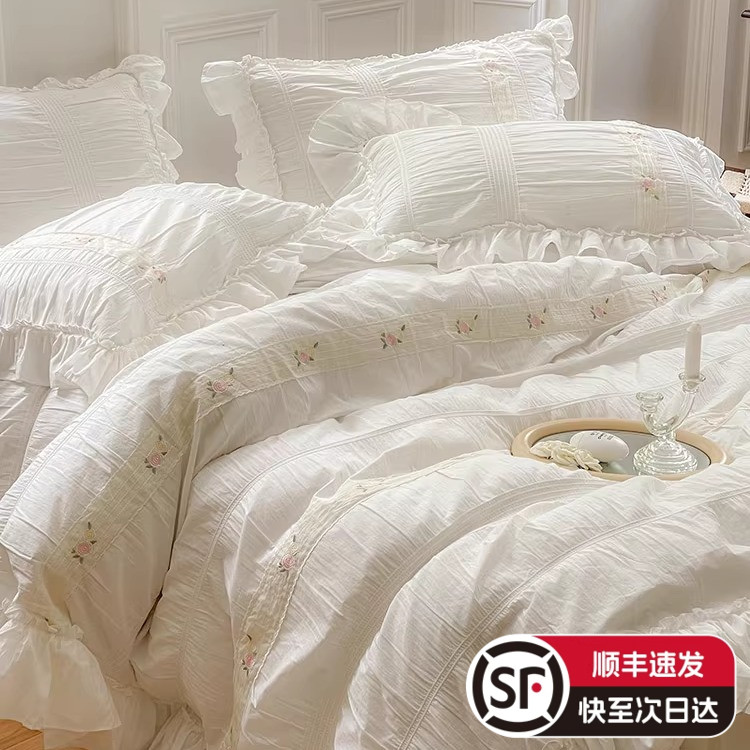 公主风全棉水洗棉四件套韩式花朵刺绣荷叶边被套纯棉床上用品白色
