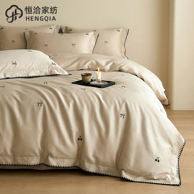 奶油风高支全棉蝴蝶结刺绣四件套