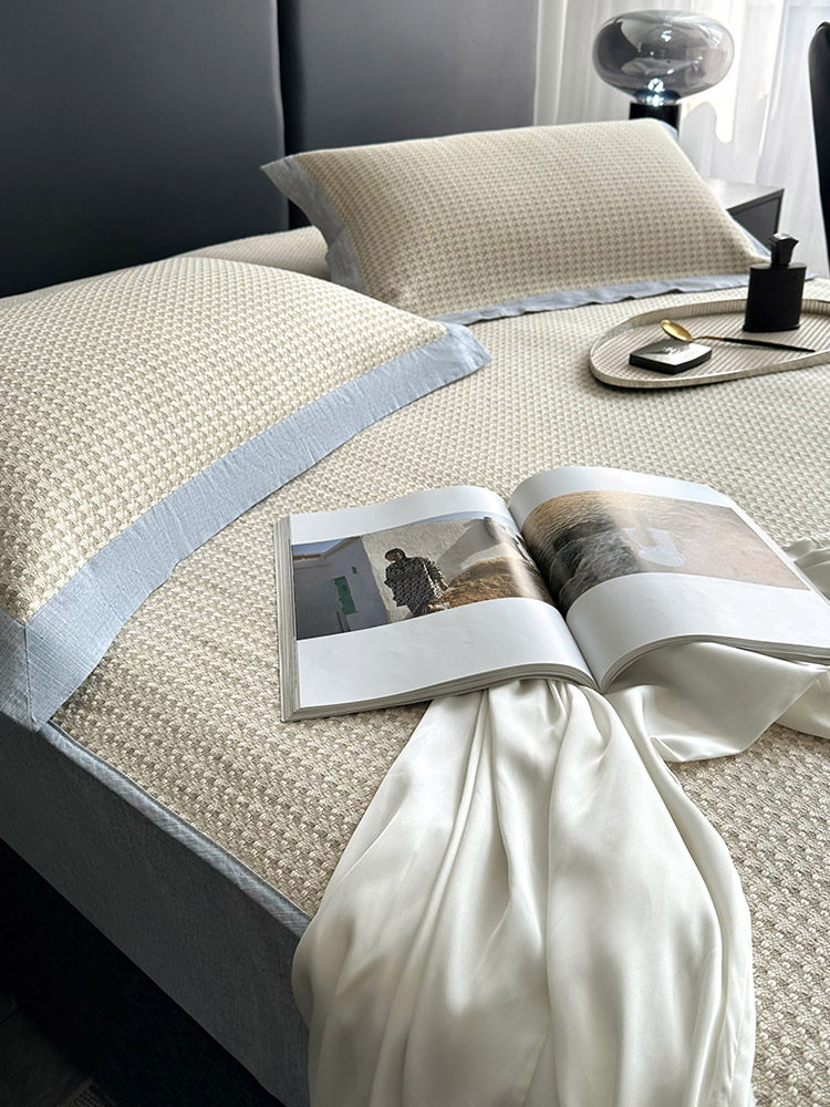 夏季轻奢风简约棉麻凉席床笠款三件套吸汗透气可水洗折叠空调软席