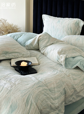 高级感冬天加厚牛奶绒四件套提花刺绣珊瑚绒主卧室被套床品灰蓝色