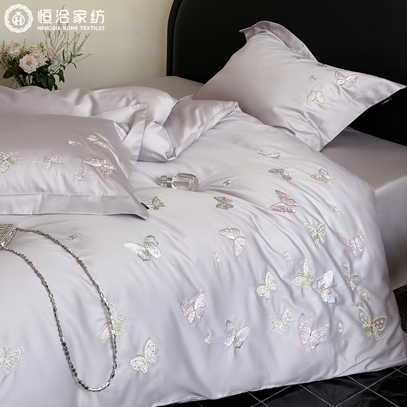 轻奢风秋冬全棉加厚磨毛四件套蝴蝶刺绣新款被套床笠床品1.2紫色