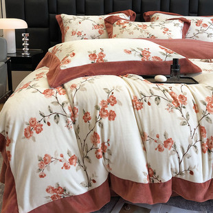 冬季 印花保暖被套床上用品 加厚260克全消光牛奶绒四件套花卉数码
