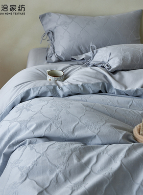 A类秋冬加厚全棉磨毛四件套浮雕提花纯棉被套1.2m床笠床品蓝紫色