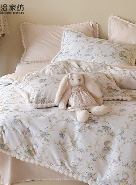 秋冬法式长绒棉磨毛四件套兔子数码印花加厚纯棉1.2m被套床品绿色