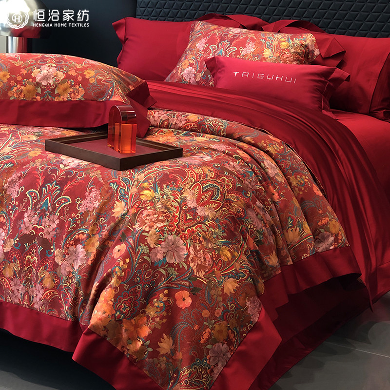 全棉婚庆四件套纯棉床上四件套红色佩兹利纹结婚被套床上用品喜被