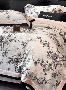法式复古风全棉磨毛四件套花卉数码印花加厚纯棉被套秋冬床品紫色