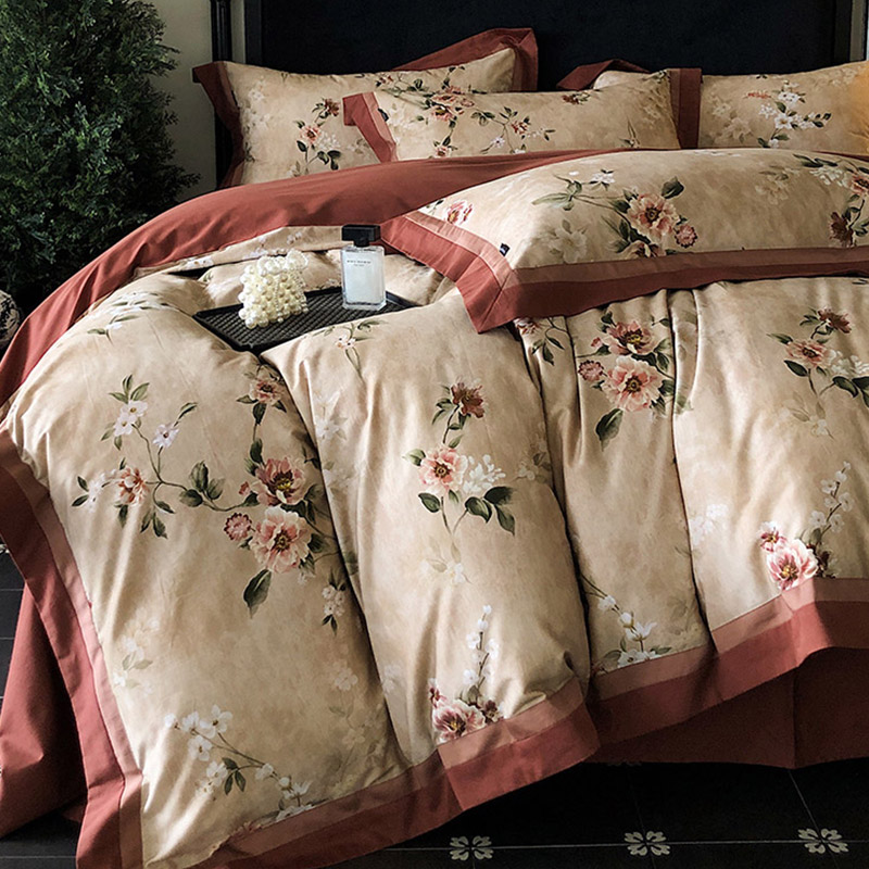 秋冬加厚超柔新疆长绒棉四件套全棉磨毛美式花卉印花被套床上用品
