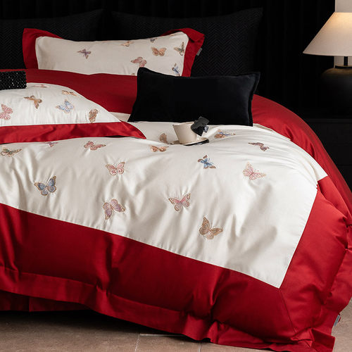 高端婚庆超柔全棉四件套唯美蝴蝶刺绣红色纯棉被套床上用品结婚