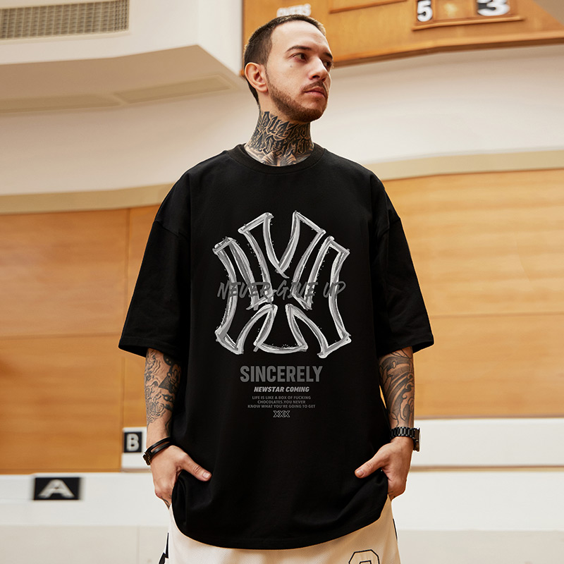 欧美oversizeT恤男胖子潮牌短袖宽松加肥加大码半截袖潮流五分袖