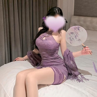 夏学姐新中式国风时尚套装女紫色蕾丝挂脖连衣裙性感包臀短裙旗袍