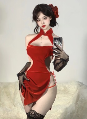 夏学姐内衣性感高开叉露背旗袍挂脖吊带连衣裙古风高级感睡衣套装