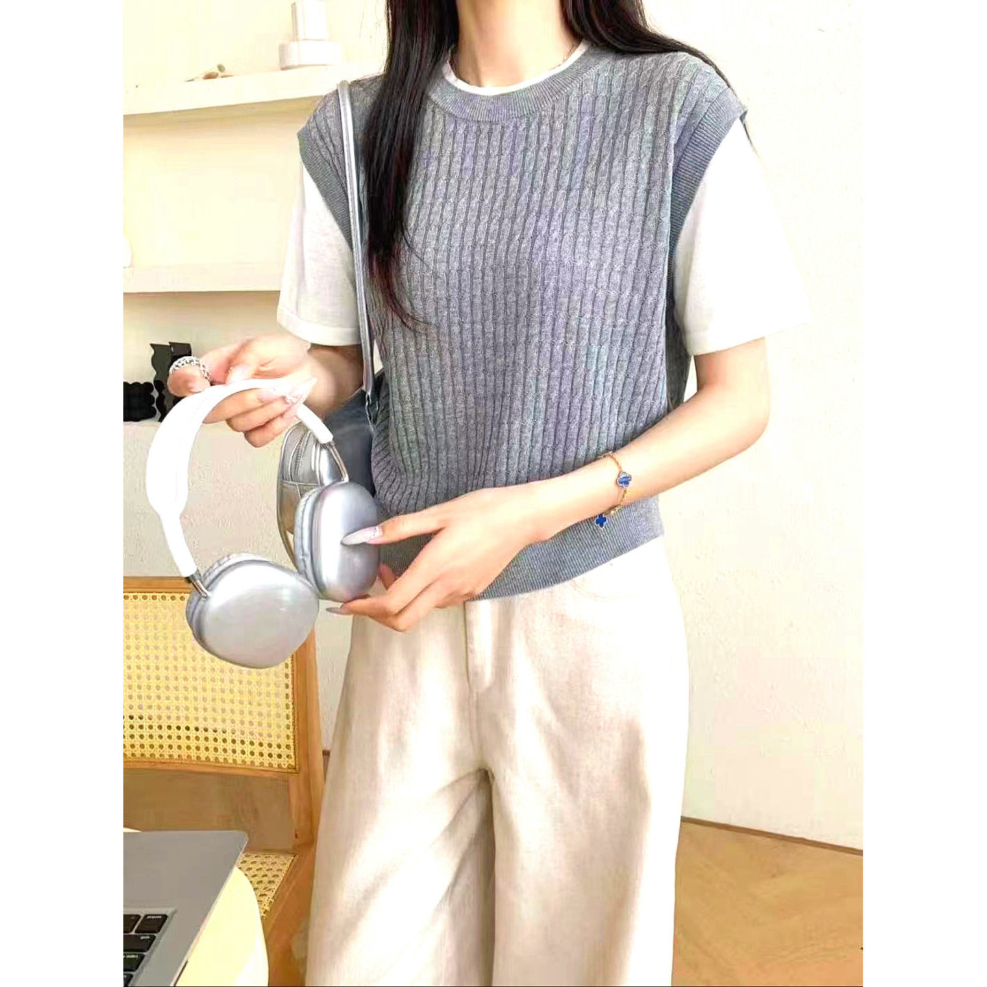 500-25243欧洲站时尚气质假两件拼接麻花针织天丝亚麻短袖上衣夏