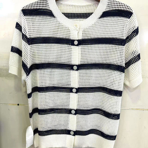 619-5027欧洲站时尚气质圆领单排扣镂空条纹针织短袖亚麻开衫毛衣