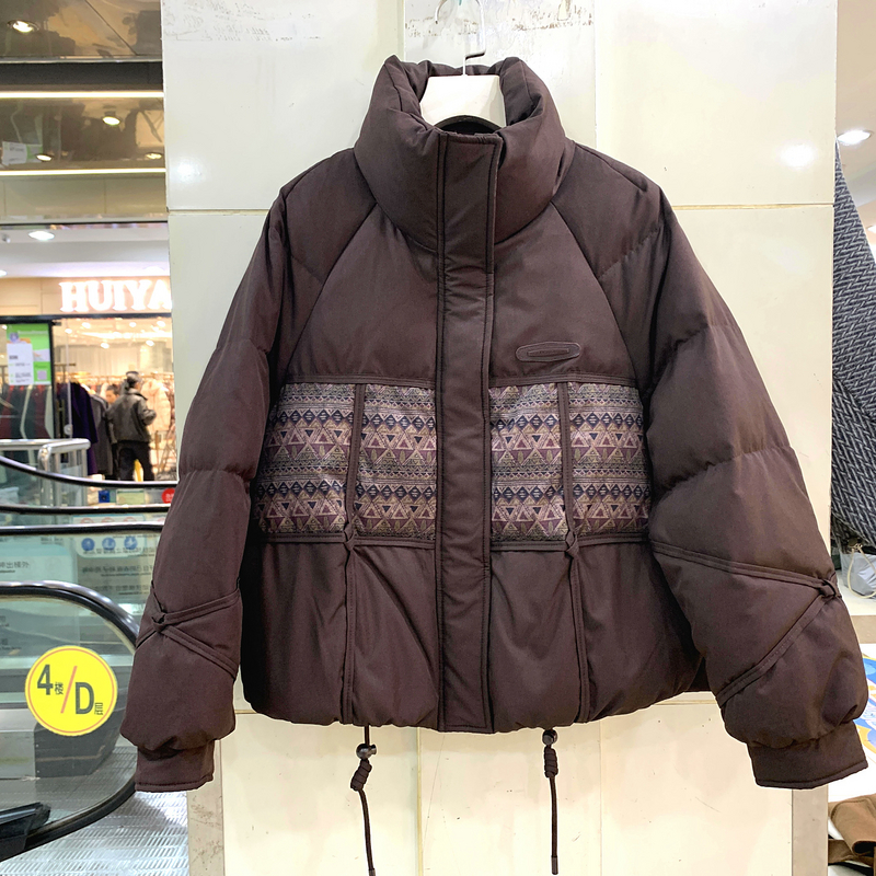 芸芳媛25Y3061 欧货冬装2025新款时尚复古菱形花拼接立领短羽绒服