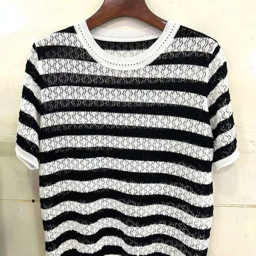 451-6222欧洲站气质圆领条纹撞色镂空短袖天丝针织毛衣上衣春夏新