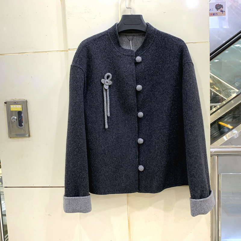 OSY-25D8716 流苏蝴蝶结撞色单排扣立领新中式短装双面羊绒呢大衣