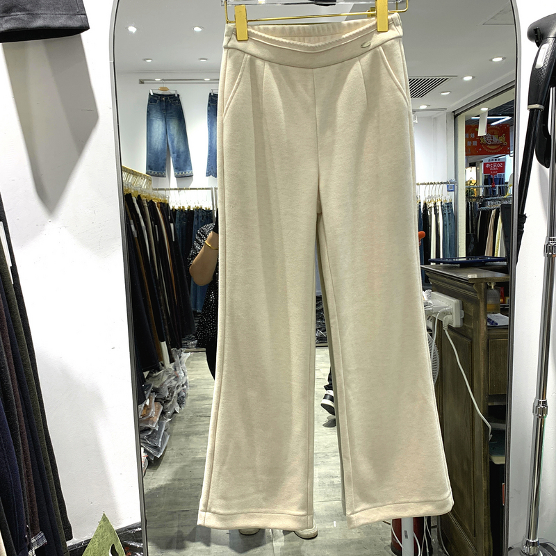 Q5333时尚松紧腰设计感简约筒喇裤绵羊毛减龄休闲裤减龄女裤秋冬