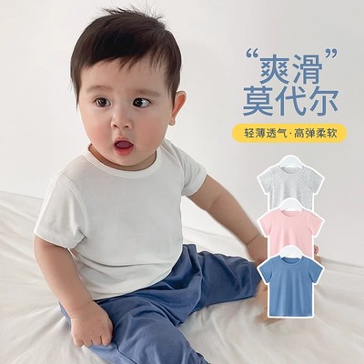 婴儿面膜白t恤短袖夏季薄款男童女童半袖上衣儿童宝宝莫代尔T恤