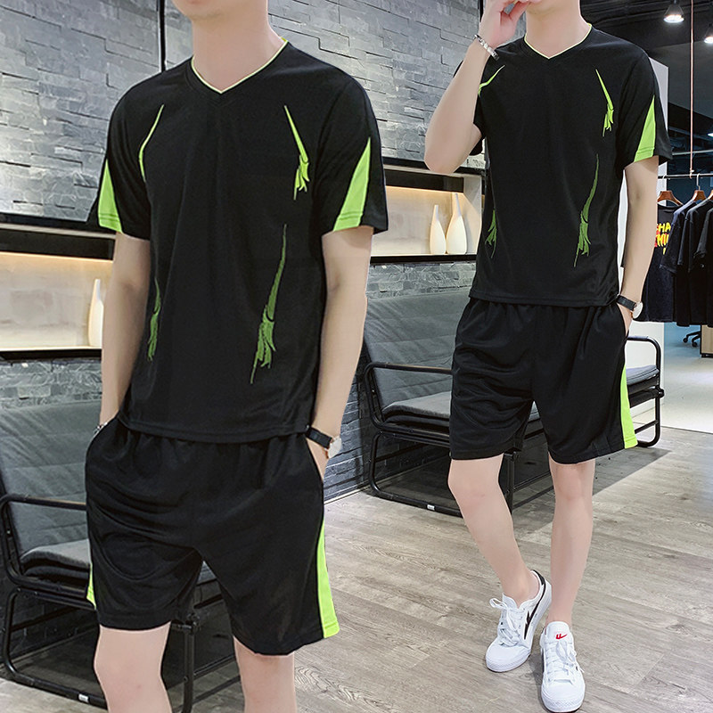 香港男士休闲运动套装男夏季大码短袖短裤健身跑步速干夏装运动服