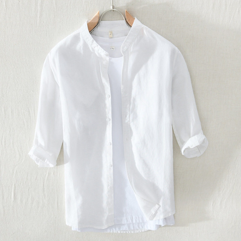 香港夏季男亚麻7七分半袖衬衫麻布料立领宽松棉麻料衬衫中袖寸衫